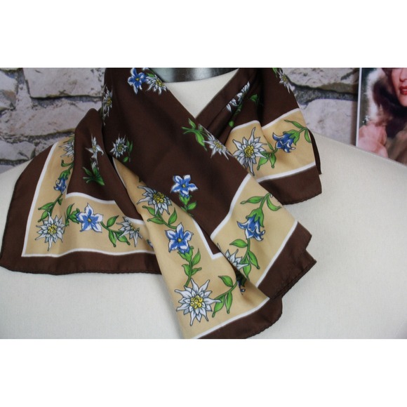 Brown Edelweiss Flower Silk Scarf Made in Italy Square Accent Neck Accessory - Picture 3 of 10